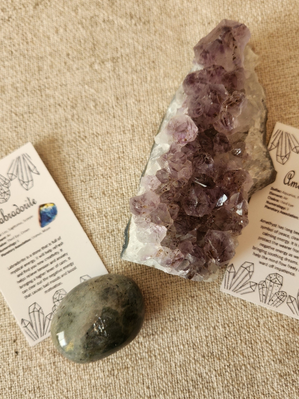 Natural Amethyst Crystal Cluster 5” + Labradorite Palm Stone | 2 Piece Crystal S